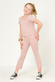 GY6059 MAUVE Girls Elastic Waist Checkered Knit Straight Leg Pants Full Body