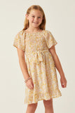 GY6062 Yelow Girls Floral Smocked Tulip Sleeve Belted Dress Front