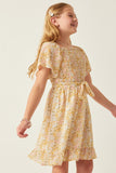 GY6062 Yelow Girls Floral Smocked Tulip Sleeve Belted Dress Side