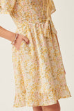 GY6062 Yelow Girls Floral Smocked Tulip Sleeve Belted Dress Detail