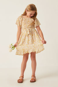 GY6062 Yelow Girls Floral Smocked Tulip Sleeve Belted Dress Full Front