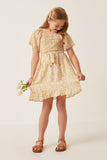 GY6062 Yelow Girls Floral Smocked Tulip Sleeve Belted Dress Full Front