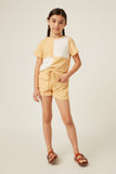 GY6066 MUSTARD Girls Front Pocket Textured Knit Shorts Full Body