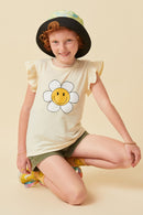 GY6078 Ivory Girls Floral Smile Print Textured Ruffle Shoulder Tank Front