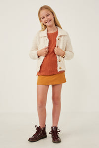 GY6085 CREAM Girls Fuzzy Popcorn Knit Button Up Collared Sweater Cardigan Full Body