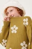 GY6090 Olive Girls Disteressed Floral Patterned Pullover Sweater Detail