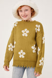 GY6090 Olive Girls Disteressed Floral Patterned Pullover Sweater Front