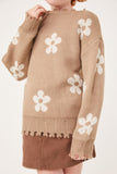 GY6090 Taupe Girls Disteressed Floral Patterned Pullover Sweater Detail