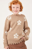 GY6090 Taupe Girls Disteressed Floral Patterned Pullover Sweater Front