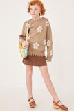 GY6090 Taupe Girls Disteressed Floral Patterned Pullover Sweater Full Body