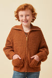 GY6093 Brown Girls Zip Up Collared Puff Sleeve Knit Jacket Front