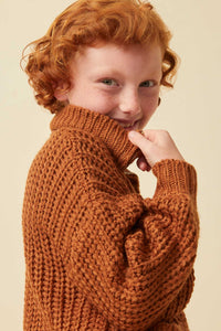 GY6093 Brown Girls Zip Up Collared Puff Sleeve Knit Jacket Detail