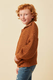 GY6093 Brown Girls Zip Up Collared Puff Sleeve Knit Jacket Side