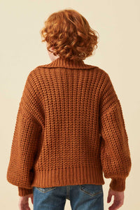GY6093 Brown Girls Zip Up Collared Puff Sleeve Knit Jacket Back