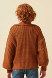 GY6093 Brown Girls Zip Up Collared Puff Sleeve Knit Jacket Back