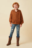 GY6093 Brown Girls Zip Up Collared Puff Sleeve Knit Jacket Full Body