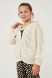 GY6093 Cream Girls Zip Up Collared Puff Sleeve Knit Jacket Front