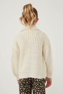 GY6093 Cream Girls Zip Up Collared Puff Sleeve Knit Jacket Back