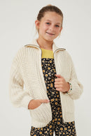 GY6093 Cream Girls Zip Up Collared Puff Sleeve Knit Jacket Front 2
