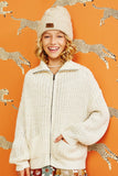 GY6093 Cream Girls Zip Up Collared Puff Sleeve Knit Jacket Editorial