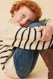 GY6094 Oatmeal Girls Puff Sleeve Striped Popcorn Knit Sweater Pose
