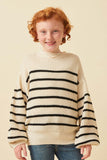 GY6094 Oatmeal Girls Puff Sleeve Striped Popcorn Knit Sweater Front