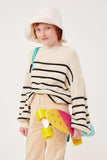GY6094 Oatmeal Girls Puff Sleeve Striped Popcorn Knit Sweater Editorial