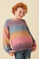 GY6096 Pink Girls Ombre Striped Chunky Knit Sweater Front