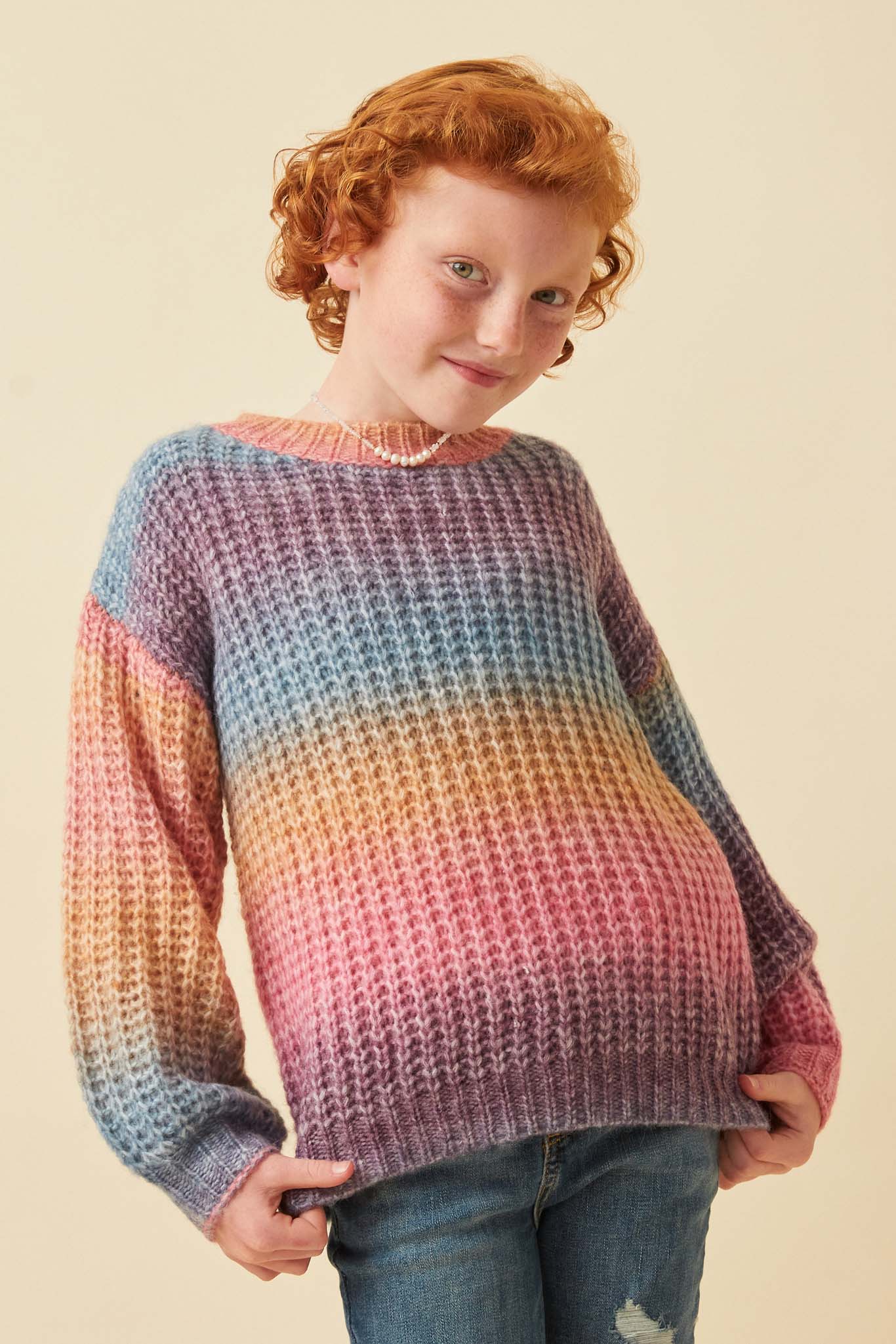 GY6096 Pink Girls Ombre Striped Chunky Knit Sweater Front