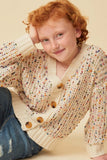 GY6099 Ivory Mix Girls Confetti Popcorn Knit Buttoned Sweater Cardigan Pose