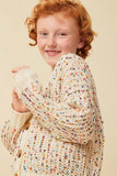 GY6099 Ivory Mix Girls Confetti Popcorn Knit Buttoned Sweater Cardigan Side