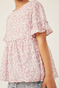 GY6106 MAUVE Girls Abstract Animal Print Ruffle Detail Peplum Top Detail