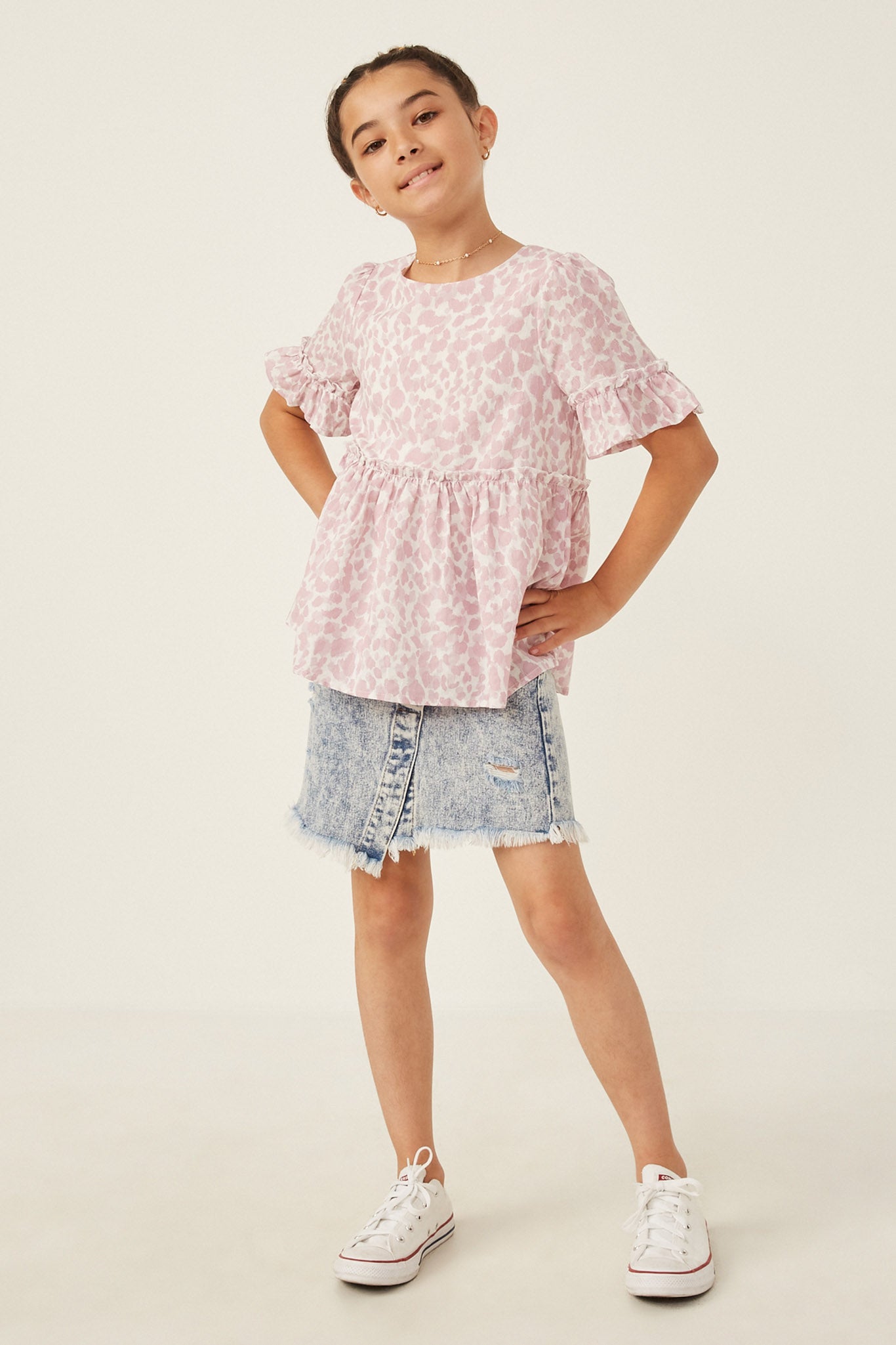 GY6106 MAUVE Girls Abstract Animal Print Ruffle Detail Peplum Top Full Body