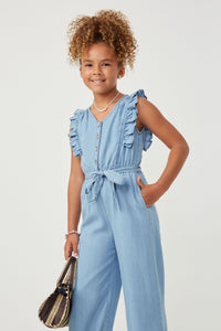 GY6111 LIGHT DENIM Girls Tencel Buttoned Ruffle Tank Wideleg Jumpsuit Front