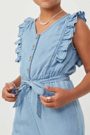 GY6111 LIGHT DENIM Girls Tencel Buttoned Ruffle Tank Wideleg Jumpsuit Detail