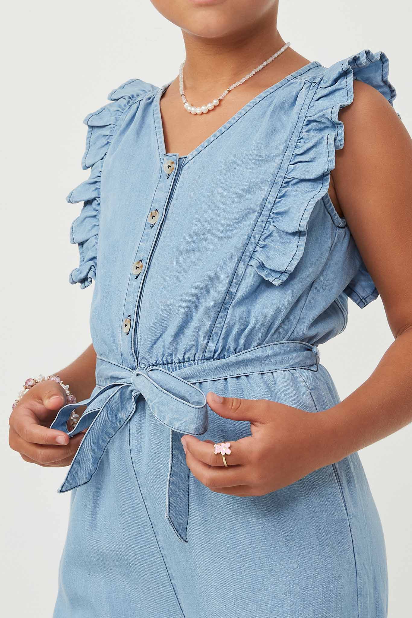 GY6111 LIGHT DENIM Girls Tencel Buttoned Ruffle Tank Wideleg Jumpsuit Detail