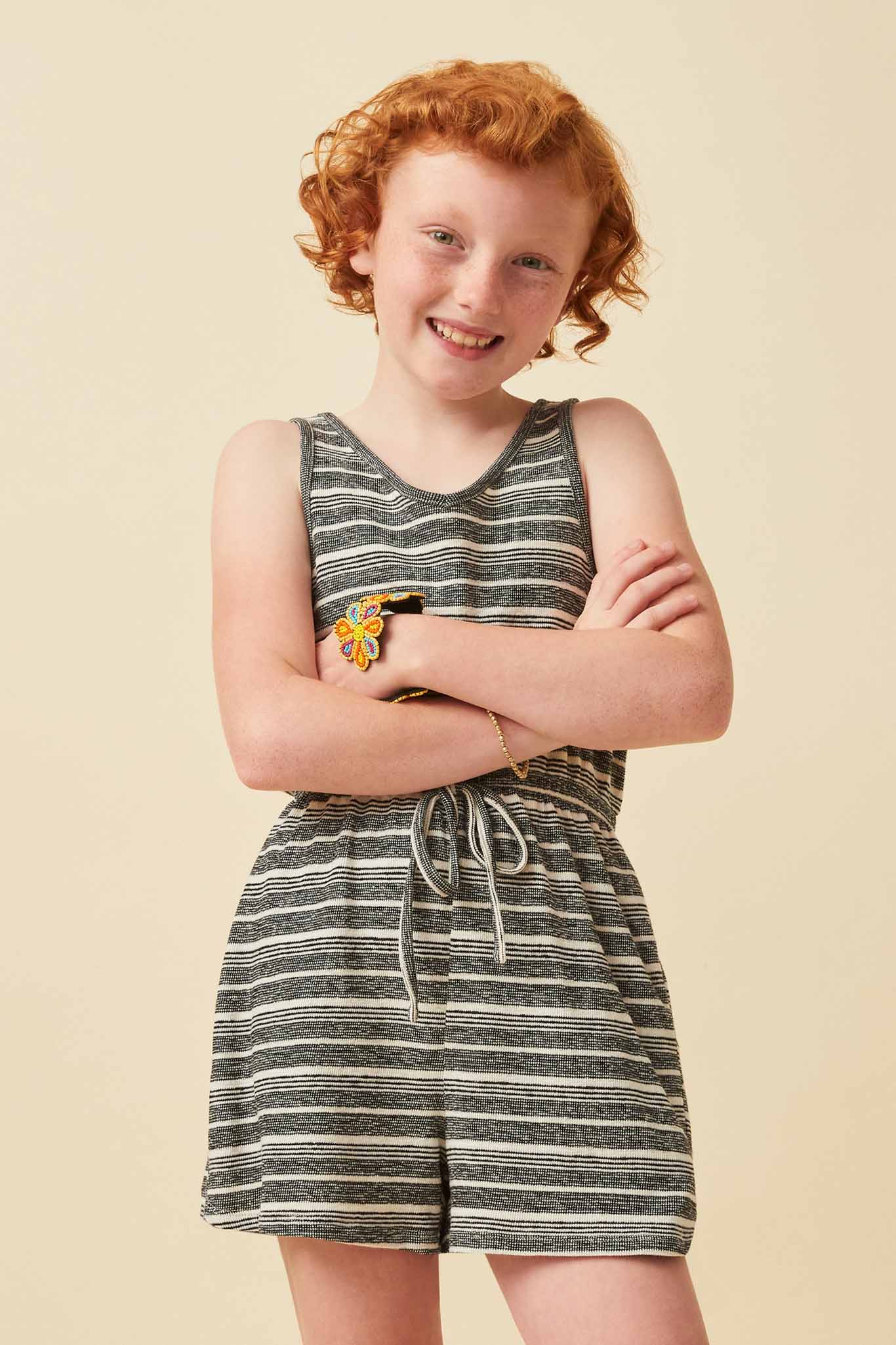 Engineered Stripe Drawstring Sleeveless Romper