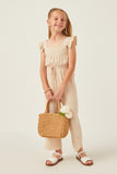 GY6127 BEIGE Girls Textured Plaid Square Neck Ruffled Jumpsuit Full Body