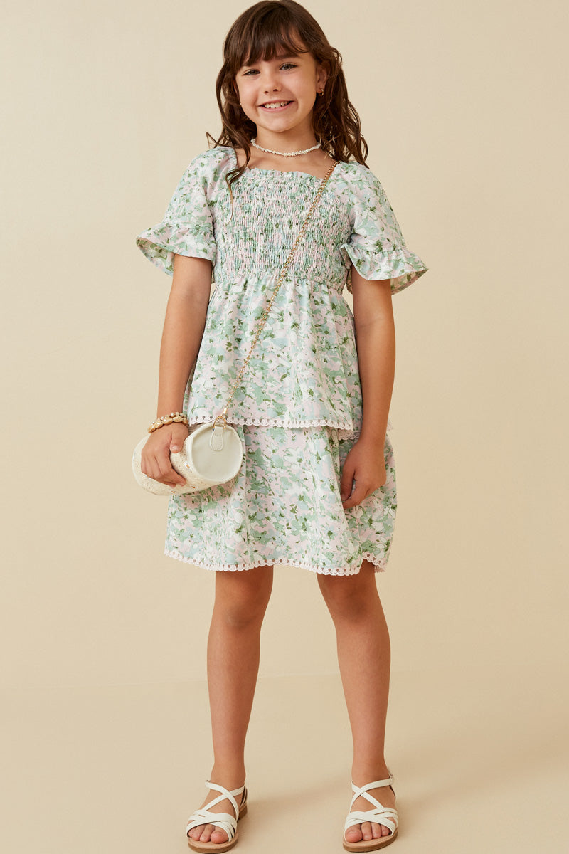 Floral Print Lace Detail Tiered Smock Dress