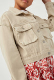GY6141 BEIGE Girls Washed Cargo Pocket Contrast Stitch Colored Denim Jacket Detail
