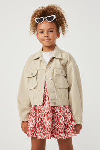 GY6141 BEIGE Girls Washed Cargo Pocket Contrast Stitch Colored Denim Jacket Front