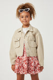 GY6141 BEIGE Girls Washed Cargo Pocket Contrast Stitch Colored Denim Jacket Front