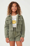 GY6141 OLIVE Girls Washed Cargo Pocket Contrast Stitch Colored Denim Jacket Front