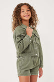 GY6141 OLIVE Girls Washed Cargo Pocket Contrast Stitch Colored Denim Jacket Side