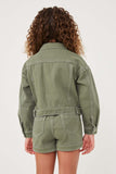 GY6141 OLIVE Girls Washed Cargo Pocket Contrast Stitch Colored Denim Jacket Back