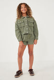 GY6141 OLIVE Girls Washed Cargo Pocket Contrast Stitch Colored Denim Jacket Full Body