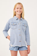GY6143 Denim Girls Distressed Oversized Denim Shirt Jacket Front