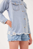 GY6143 Denim Girls Distressed Oversized Denim Shirt Jacket Detail