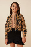 GY6144 Camel Girls Leopard Denim Zip Up Cropped Jacket Front