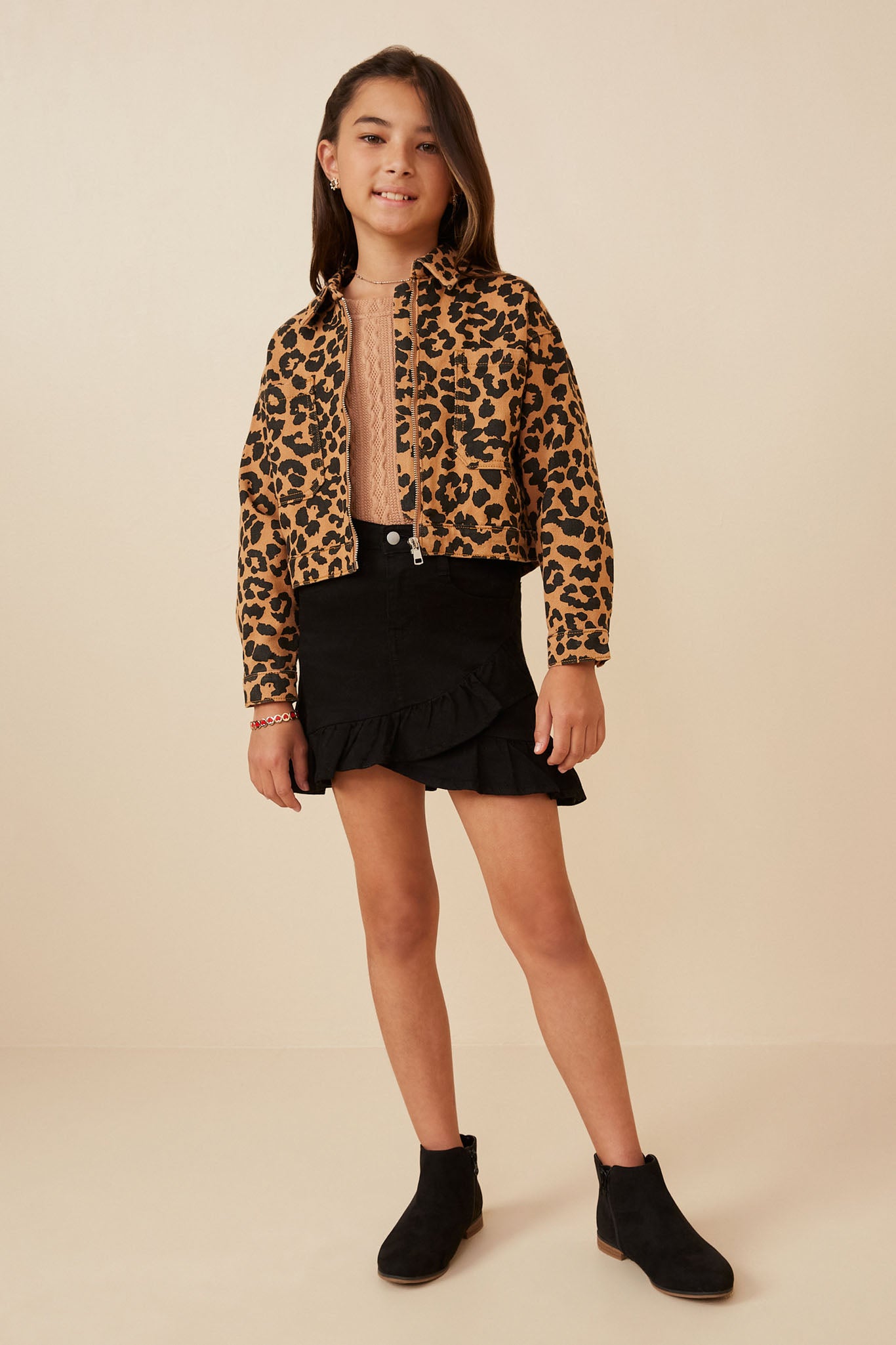 Leopard Denim Zip Up Cropped Jacket